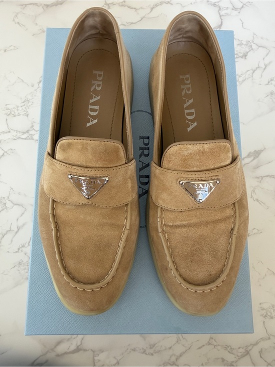 Prada Shoes - Prada Women’s Beige Suede Penny Loafers with Silver Logo